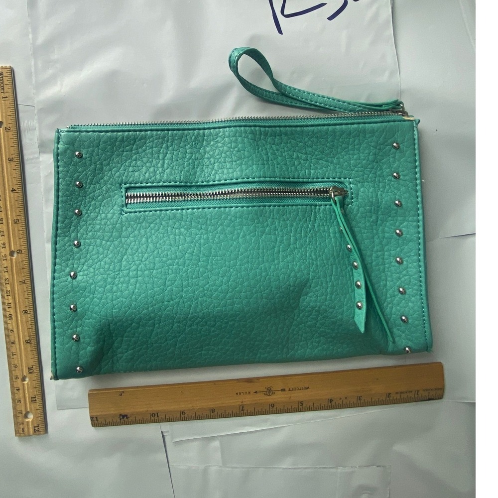 Turquoise Studded Faux Leather Clutch Wristlet Zip Pouch Bag